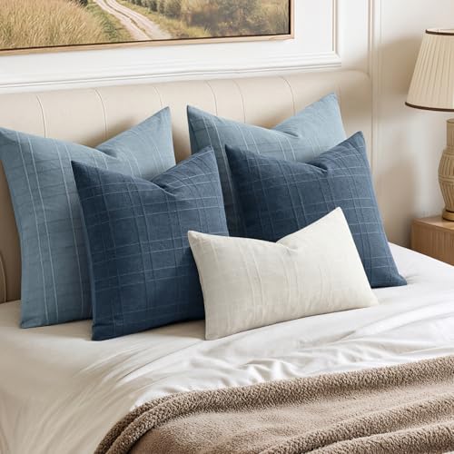 Image of MIULEE Decorative Linen Check Euro Shams Throw Pillow Covers Neutral Farmhouse Vintage Pillow Covers 24x24 Set of 2 Boho Modern Home Decor for Sofa Couch Bedroom Cushion Blue Grey