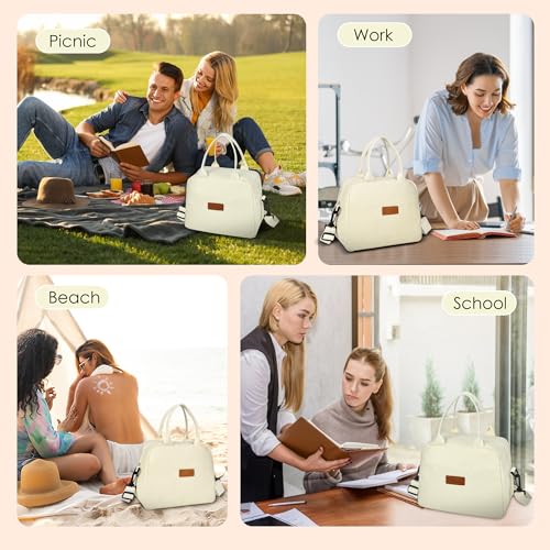 LOKASS Lunch Bag for Women-Insulated Adults Lunch Box with Front Pocket- Small Cute Lunch Tote for Work-Reusable Cooler Bag for Office Picnic Beach or Travel(Beige)