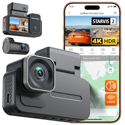 WOLFBOX X5 3 Channel 4K HDR Dash Cam STARVIS 2 IMX678 8MP Night Vision 4K+2.5K+1080P Front and Rear Inside Car Camera GPS Support Voice Control Touch Screen and 5.8GHz WiFi (Card Not Included)