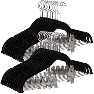 SONGMICS 30-Pack Pants Hangers, 42.5 cm Long Velvet Trousers Hangers with Adjustable Clips, Heavy-Duty, Non-Slip, and Space-Saving for Pants, Skirts, Coat, Dresses, Tank Tops, Black CRF12B-30
