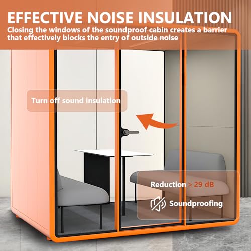 Cabina de sonido para oficina con privacidad acústica - Cabina insonorizada con estructura de placa de acero y marco naranja con esquinas curvas, tamaño 70.27×90.55 pulgadas miniatura 3