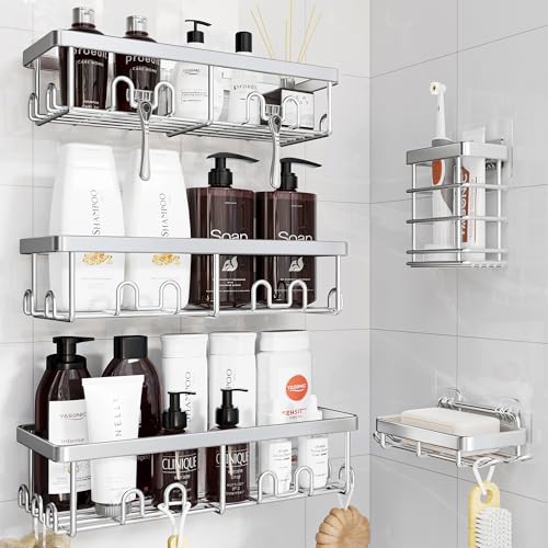 Image of YASONIC Shower Caddy Adhesive, 100% Rustproof Shower Organizer with Soap and Toothbrush Holder, Large Capacity Shower Shelves for Inside Shower, No Drill Shower Storage for Home (5 Pack Silver)