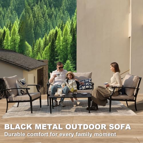 Image of 4-Piece Patio Furniture Set, Wider Outdoor Metal Seating Sofa with High Back & Loveseat, Coffee Table, All Weather Metal Conversation Set for Backyard, Poolside, Deck-Beige
