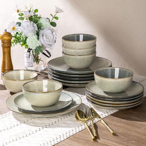 Image of AmorArc Ceramic Dinnerware Sets for 6, 18 Pieces Handpainted Plates and Bowls Set, Scratch Resistant Stoneware Dishes Set, Dishwasher & Microwave Safe, Reactive Glaze