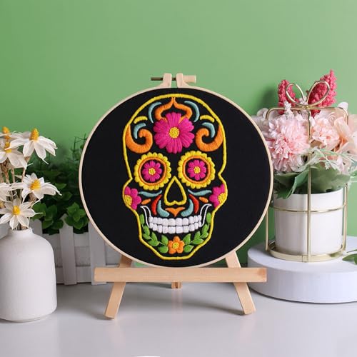 Image of Louise Maelys 3 Sets Halloween Embroidery Kits for Beginners,Cross Stitch Kit for Adults,DIY Starters Needlepoint with Skull Flowers Pattern,Including Instruction