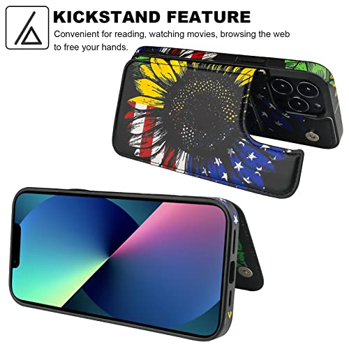Image of HAOPINSH for iPhone 13 Pro Case Wallet with Card Holder, American Flag Sunflowers Pattern Back Flip Folio PU Leather Kickstand Card Slots Case for Women Girls, Double Magnetic Clasp Cover 6.1 inch
