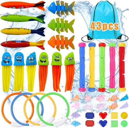 NINGESHOP 43 Piezas Juguetes de Buceo en Piscina,Juguetes para Nadar bajo el Agua Conjunto,Juguetes de Buceo para Piscina Niños,Incluir Aros Buceo Piscina,Palos Piscina Buceo,Juguetes de Piscina