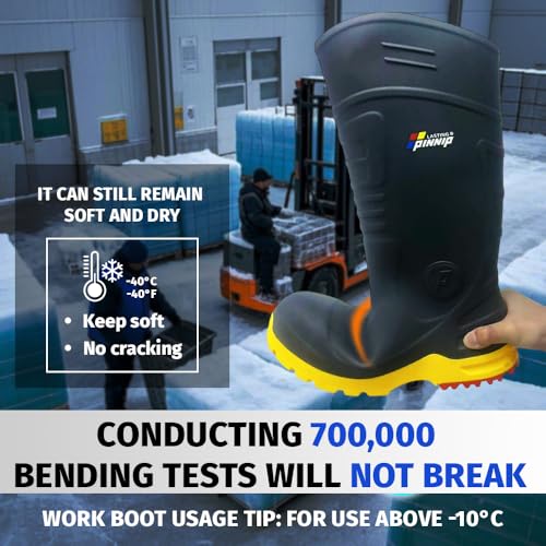 Image of Mens Steel-Toe Durable PU Rubber Work Boots - Waterproof Anti-Slip ASTM F2413-24 | Acid Oil Resistant Shank Mud Rain Hunting Boots