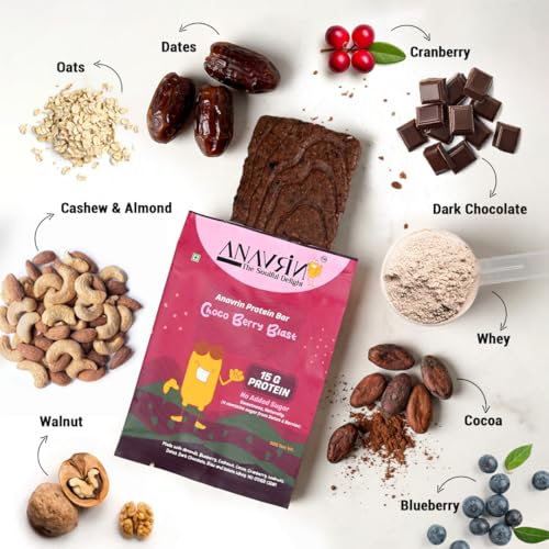 Image of ANAVRIN Choco Berry Blast Protein Bar - 15g Protein, 2.5g Fibre in each Bar (6 Bars x 50gm) Goodness of Dates, No Added Sugar, No Soy, No Preservatives, Gluten Free High Protein Energy Bar, Healthy Snack