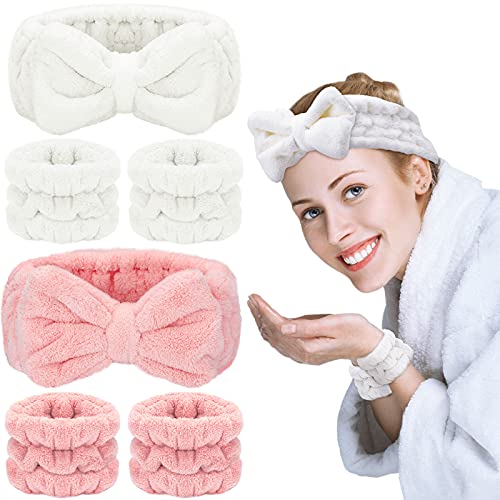 6 Pieces Spa Headband Wrist Washband Face Wash Set, Include 2 Pieces Microfiber Headband and 4 Pieces Wrist Washband, Facial Wash Spa Yoga Sports Shower Hair Band for Women Girls (Pink, White)