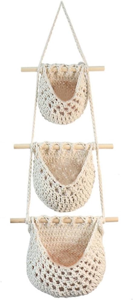 UPKOCH 3-Tier Hanging Basket for Kitchen Storage Handwoven Cotton Rope Fruit and Vegetable Organizer Pantry Hanging Basket for Fresh Produce