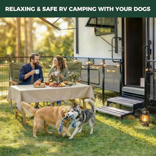 Image of FXW Instant Dog Playpen with RV Step Grid for RV Camping, 40 inch H, 16 Panels | Quick-Setup & Heavy-Duty Play Yard, Helps Close Stair Gaps, Fits 32 inch RV Step Opening, For Medium & Large Dogs, Patented
