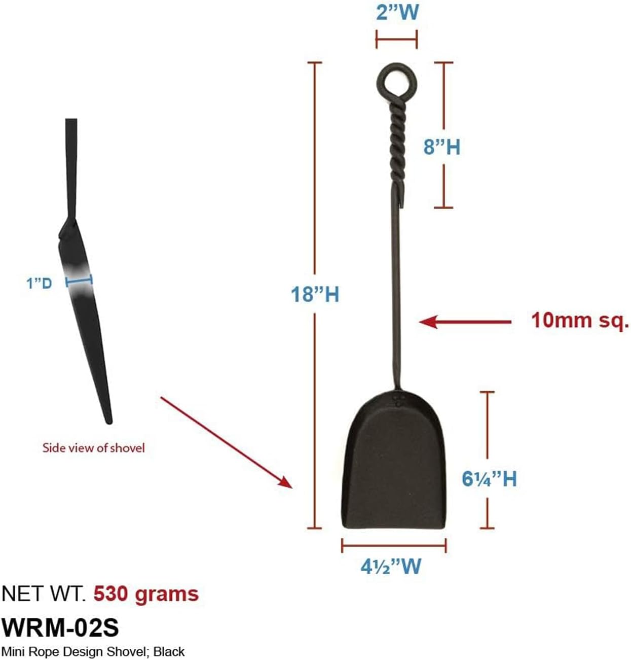 Rope Handle Single Mini Shovel Fireplace Tool with Black Powder Coating 18-in Comfortable Long Design for Keeping Hands from Heat of fire, Black