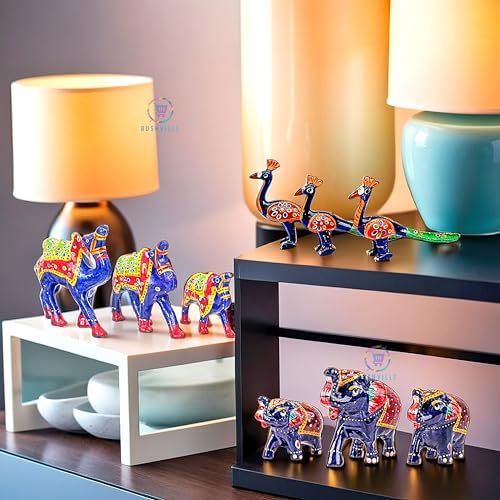 Hand-Painted Paper Mache Camel, Peacock & Elephant Set - Traditional Indian Folk Art Decor for Home, Office &ifting (Set of 9) - Blue
