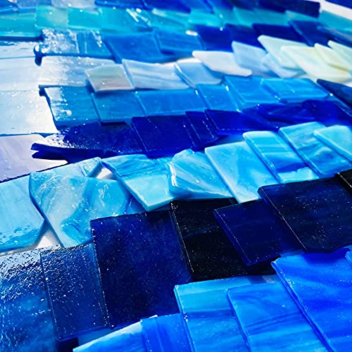 Paljolly Mosaic Tiles Stained Glass Sheets For Crafts, Glass Pieces For Mosaics And Stained Glass Art, Mixed Blue Colors And Variety Of Shapes, 35Oz/1Kgs Value Pack #TOP3