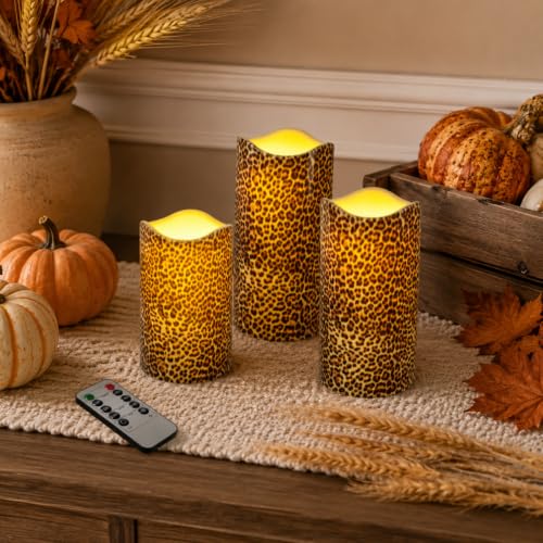 Image of Leopard Print Flameless LED Pillar Candles with Remote 3 Pack