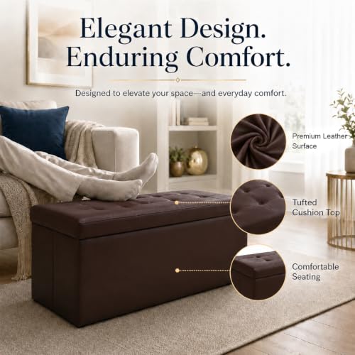 Image of ALASDO 30 Inch Folding Storage Ottoman Bench with Hidden Storage, PU Leather Ottoman Foot Rest Stool, End of Bed Bench for Bedroom, Living Room, Entryway and Closet, Brown
