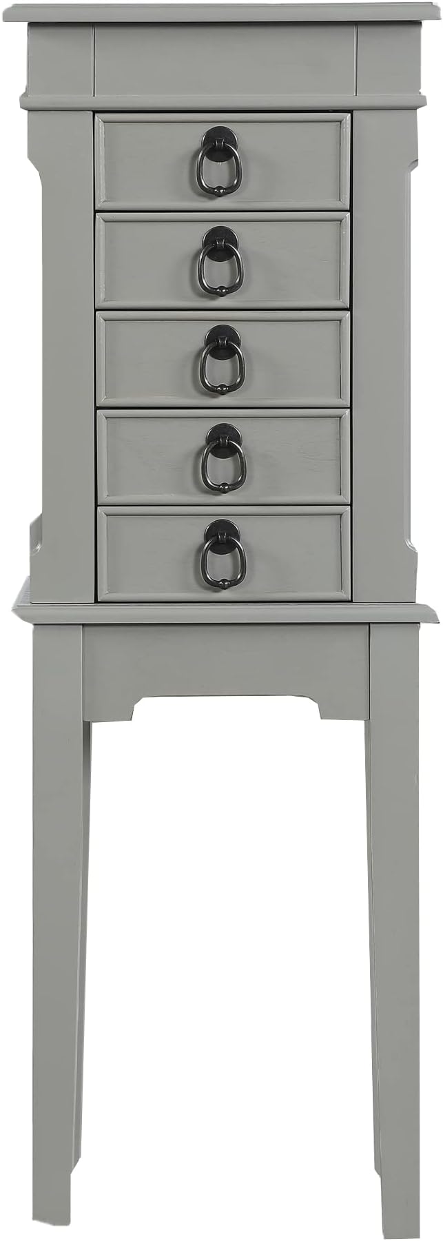 Hives and Honey Kennedy Jewelry Armoire - Modern Wood Storage Organizer with Necklace Hooks, 5 Drawers, and Vanity Mirror, Grey