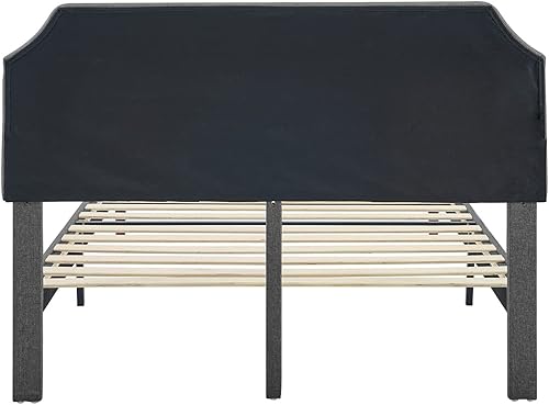 Miniatura 6 de Base de cama tapizada de tela de lino con cabecera de altura ajustable con botones curvos y listones de madera, tamaño Queen, color gris oscuro