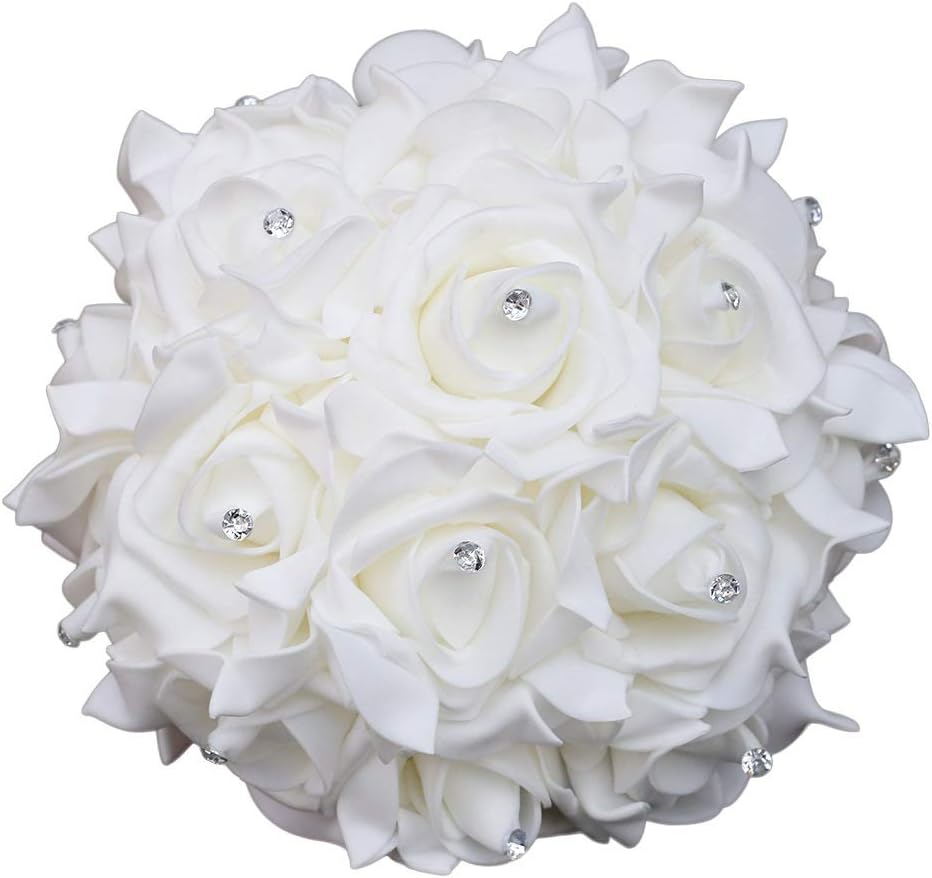 Wedding Bouquet, Pink Bouquet for Bride Bridesmaid with Diamond Soft Ribbons, Artificial Rose Bridal Holding Flowers for Party Church