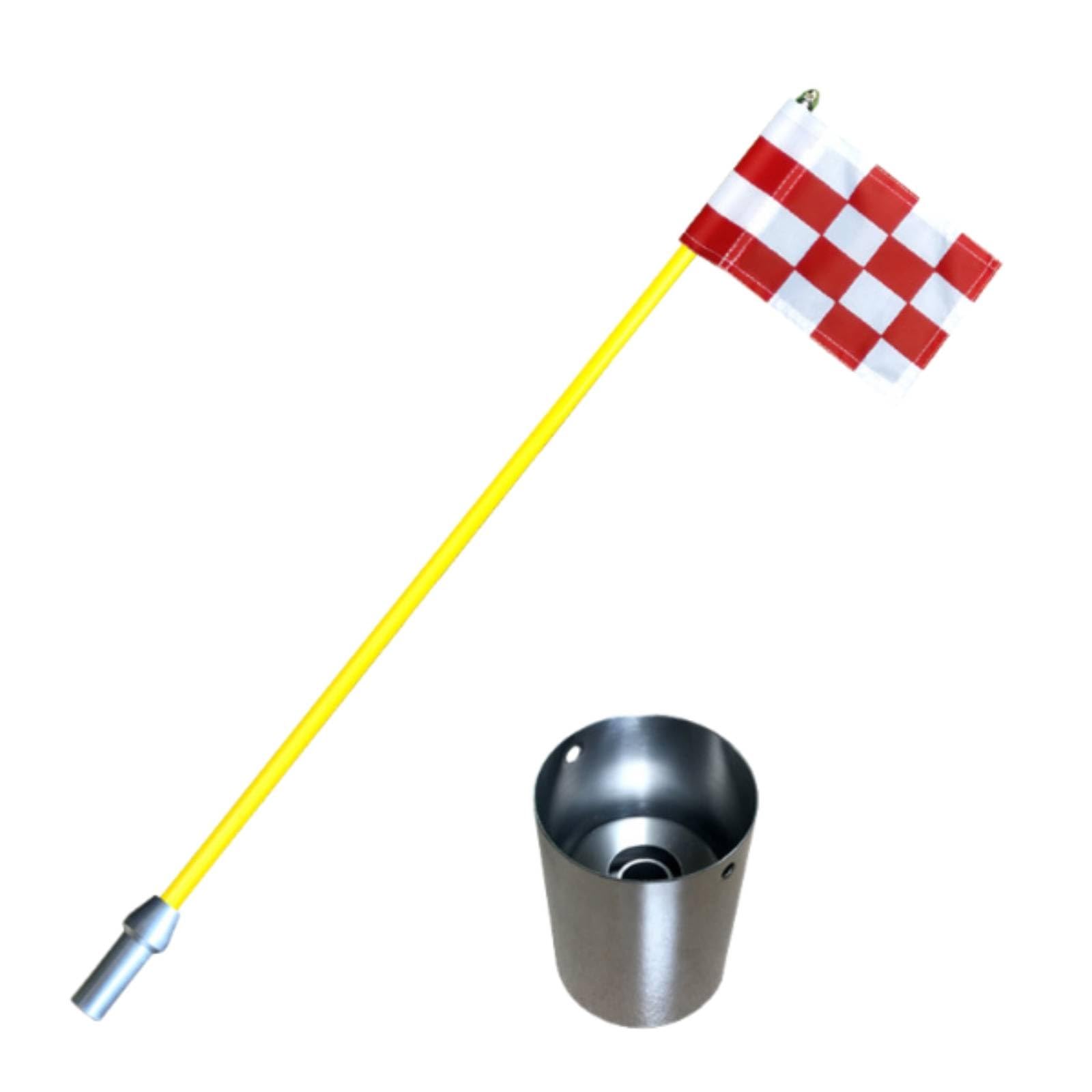 Golf-Flaggenstange mit Edelstahlbecher Stabil Golflochbecher Wetterfest Golfzubehör für Garten, Rot, Weiß, 85cm Gelber Stab, Rot-weiß Karierte Flagge, Edelstahl-Lochbecher
