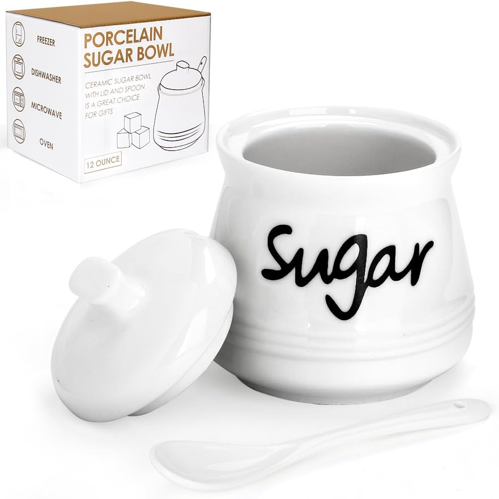 Swetwiny 12oz Ceramic Sugar Bowl with Lid & Spoon - White Porcelain Sugar Jar Dispenser for Kitchen, Dishwasher Safe