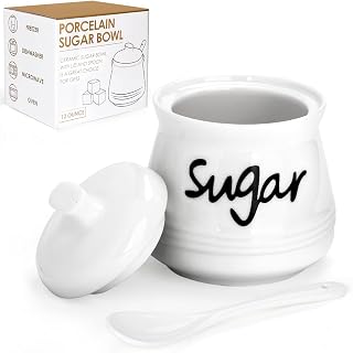 Swetwiny 12oz Ceramic Sugar Bowl with Lid & Spoon - White Porcelain Sugar Jar Dispenser for Kitchen, Dishwasher Safe
