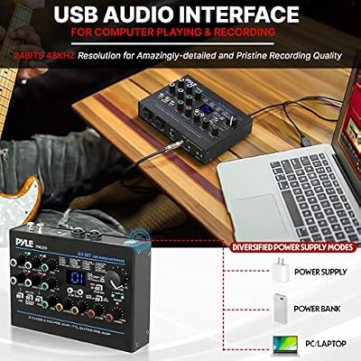 واجهة صوت Pyle USB - MIC/LINE - جيتار - إدخالات AUX Stereo وRCA - مؤثرات رقمية 24 محددة مسبقًا - طاقة وهمية - مخرجات الهاتف/الاستريو/الشاشة/سماعة الرأس - لتشغيل الكمبيوتر وتسجيله - PMUX9