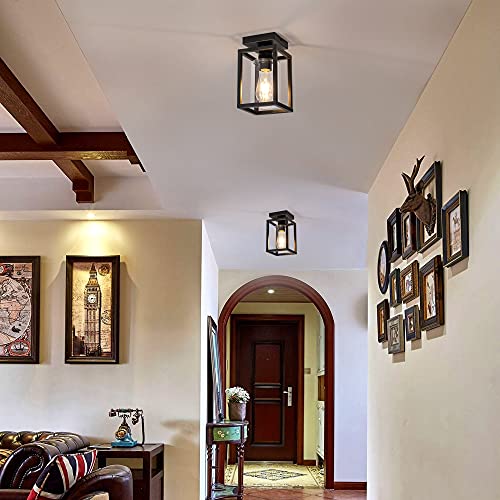 Mayful Flush Mount Ceiling Light Fixture, Black Metal Frame Ceiling Light Fixture With Clear Glass Shade, Farmhouse Light Fixture For Kitchen Island Entryway Porch Foyer Dining Room, E26 Ceramic Base #TOP5