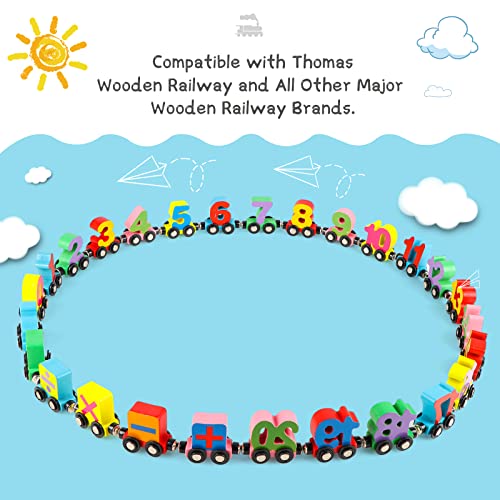 Wondertoys Wooden Train Set - 27 PCS Magnetic Number Train with Engine Cars for Toddlers, Compatible with Major Brands Tracks - Thumbnail 4