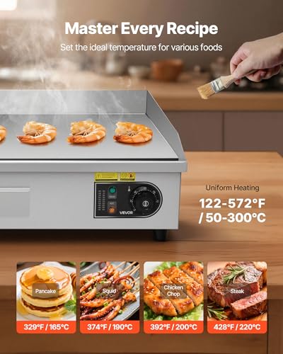 Image of VEVOR Commercial Electric Griddle, 28.54 x 15.75 in, 2800W, 122-570F Adjustable Temp Control, Stainless Steel, Half Grooved Half Flat, with 2 Spatulas, 2 Brushes, and 4 Foot Pads, for Steak(NO PLUG)
