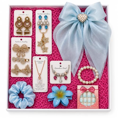 Image of CSN - CUTE SHOPPING NETWORK 11-Piece Girls Fashion Accessories Gift Set for Women & Teens - Satin Hair Bow, Scrunchie, Hair Claw Clip, Pearl Bracelet, Butterfly Necklace, Charm Bracelet, Earrings, Hair Clips & Press-On Nails - Birthday Gift Box