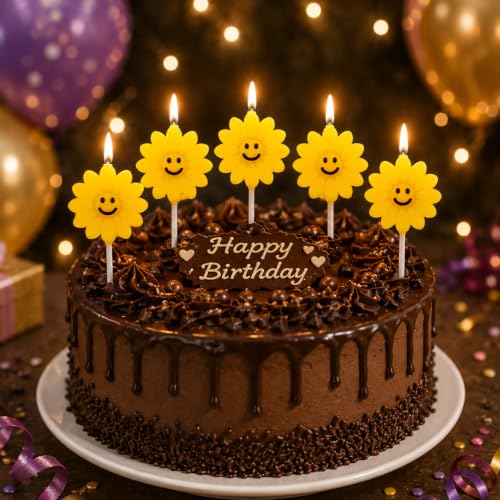 Image of Smiley Flower Birthday Candles for Cake Decoration, Pack of 5, flower Shape Decorative Cake Candles, Natural Wax Party Candles for Birthday, Anniversary, Baby Shower & Celebration (YELLOW)