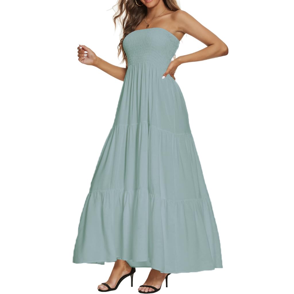 Women's Casual Off Shoulder Maxi Dress Strapless Tube Top Bohemian Beach Long Dresses 092