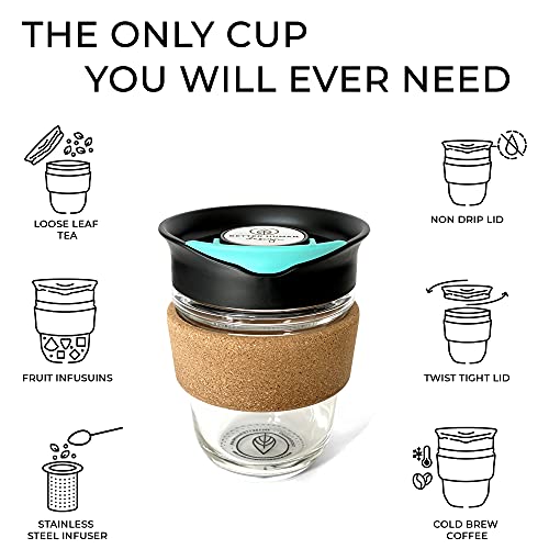 Reusable Glass Cup + Stainless Steel Tea Infuser & Twist On Lid - Microwavable Travel Coffee Mug - Cork Sleeve - 18Oz Portable Cold Brew Maker - Loose Leaf Diffuser + Brewing Tumbler Togo #TOP6