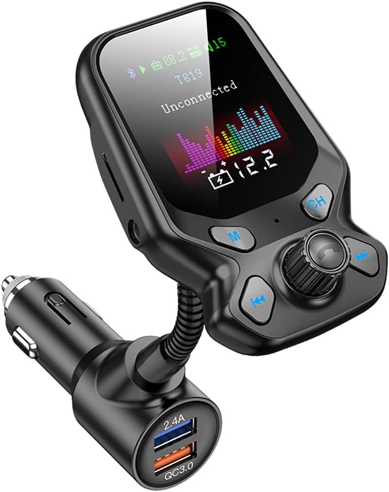 Wireless Car Bluetooth FM Transmitter, Radio Adapter Hands-Free Kit with 1.77 Inch Display, Supports TF/SD Card and QC3.0 & 5V/2.4A Charging