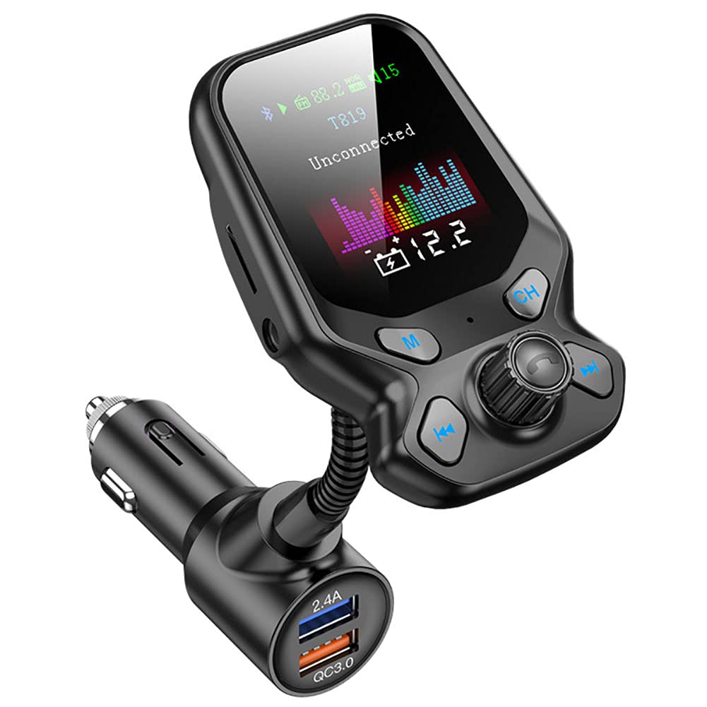 Wireless Car Bluetooth FM Transmitter, Radio Adapter Hands-Free Kit with 1.77 Inch Display, Supports TF/SD Card and QC3.0 & 5V/2.4A Charging