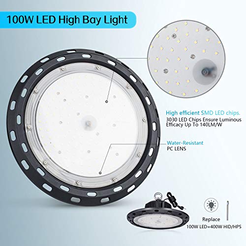 Vemofoper Ufo Led High Bay Light 100W Ultra Bright Ceiling Lamp For Garage,Shop,Gym,Warehouse Work Commercial Lighting Grade 15000Lm 120V 5000K Ip65 (100W) #TOP7