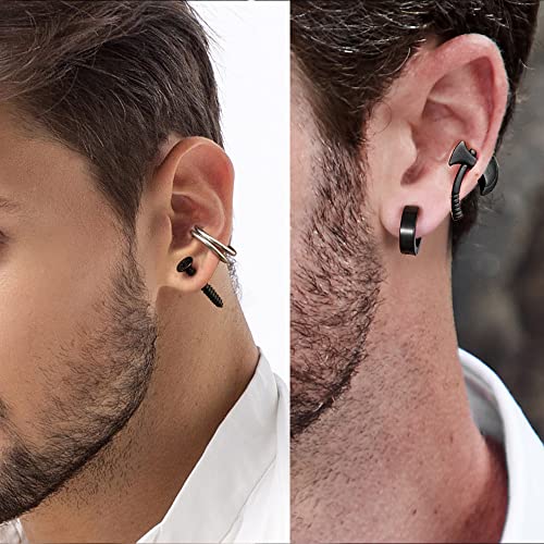 16 Pairs Stainless Steel Punk Y2K Black Dangle Earrings For Men, Axe Skull Screw Cone Etc Huggie Hoop Long Chain Piercing Hoop Earrings Set For Unisex Earrings For Women #TOP3