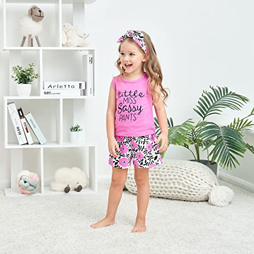 Image of Hipea Toddler Girl Outfits Floral Tops Sleeveless Tank Tops Shorts Headband Summer Clothes Set