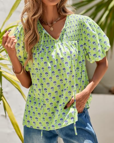 KIRUNDO Boho Tops for Women Summer 2026 Dressy Floral Blouse V Neck Drawstring Short Sleeve Shirts Beach Vacation Clothes(Green, X-Large) — view 6