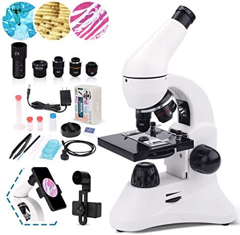 USCAMEL Microscope for Adults Kids Students, 100X-2000X Biological Compound Monocular Microscopes Kits with Microscope Slides, Phone Adapter, Beginners Microscope for School Lab Home Education