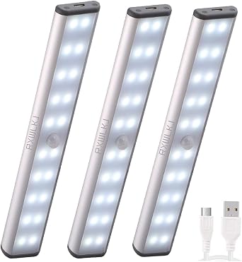 RXWLKJ Rechargeable Motion Sensor Led Lights Under Counter Closet Lighting Battery Operated Light Kitchen 20-Led Under Cabinet Lighting Closet Light Stick On Lights Wireless Night Light 3 Pack