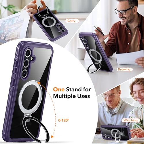 Image of Magnetic for Samsung Galaxy S24 FE Case Compatible with MagSafe [Built-in 9H Glass Screen Protector][Foldable Stand] 15 FT Dropproof Full Body Rugged Case for Galaxy S24 FE (Purple)