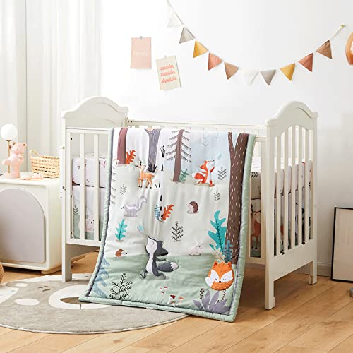 Beeweed 3-Piece Crib Bedding Set For Boys Girls, Soft Baby Bedding Set Including Blanket, Crib Skirt & Crib Sheets, Woodland Animal Nursery Bedding Set #TOP6
