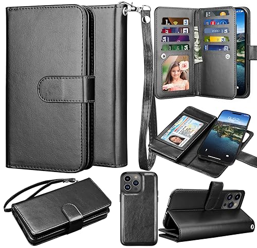 Takfox Wallet Case for iPhone 15, iPhone 15 6.1 Leather Wallet Case with ID Credit Card Holder Slots Folio Flip Kickstand Detachable Magnetic Phone Case & Carrying Wrist Strap for iPhone 15, Black