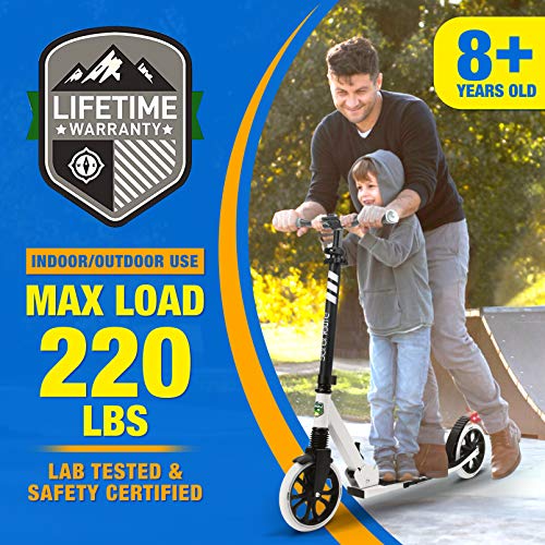 Image of SereneLife Foldable Kick Scooter - Stand Kick Scooter for Teens & Adults with Rubber Grip at Tip, Alloy Deck, Adjustable T-Bar Handlebar Height, Smooth Gliding Wheels, Easy Maneuvering (Black & White)