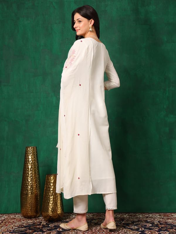 Image of NIVANA Stylish Womens Mirror Embroidered Kurta with Pant & Embroidered Dupatta | Lightweight & Breathable | Ethnic Traditional Outfit for Womens & Girls (White,S)
