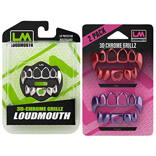 Loudmouth Football 3D Black & Silver Chrome Grillz Mouth Guard & Loudmouth 3D Purple & Red Chrome Grillz Blister Pack Bundle