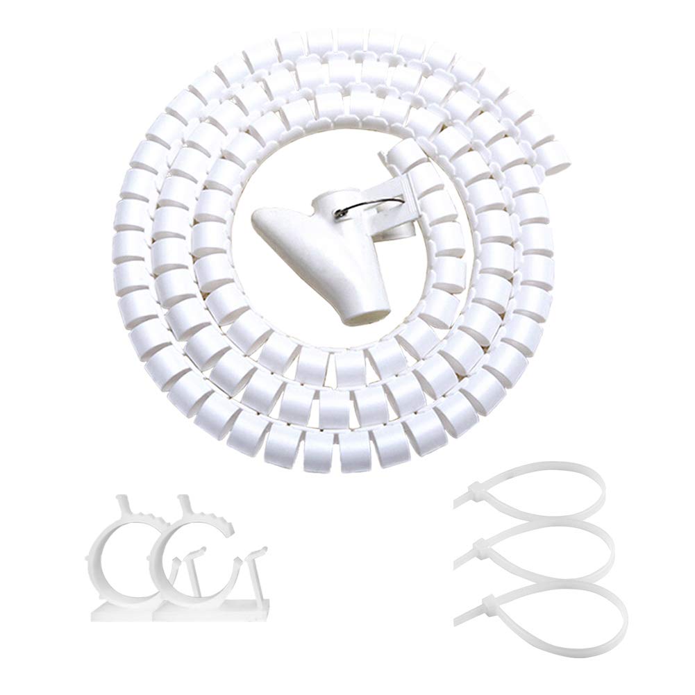 VIWIEU White PC Cable Sleeve Management, Desk Cord Organizer Cable Wrap Tubes 1PCS, 59" Plastic Cable Cover Bundler with Bonus Cable Clips and Electrical Zip Ties for TV Laptop Home Entertainment